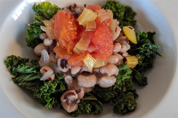 Lucky Black-Eyed Peas, Stewed Tomatoes and Greens
