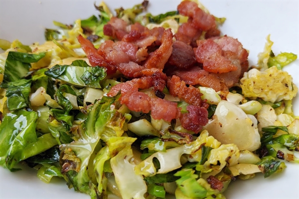 Shaved Brussels Sprouts with Bacon and Shallots