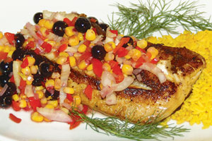 Seared Rockfish with Fennel, Corn and Blueberry Salsa